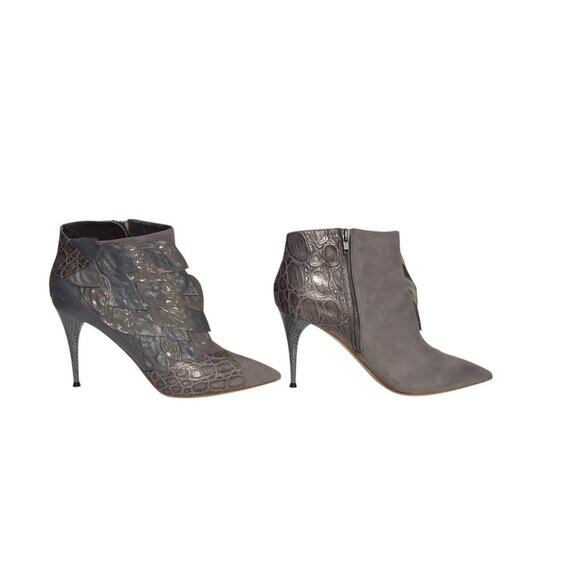 Chloe gray pointed toe crocodile embossed leather and suede ankle boots 39,5 - Picture 6 of 11
